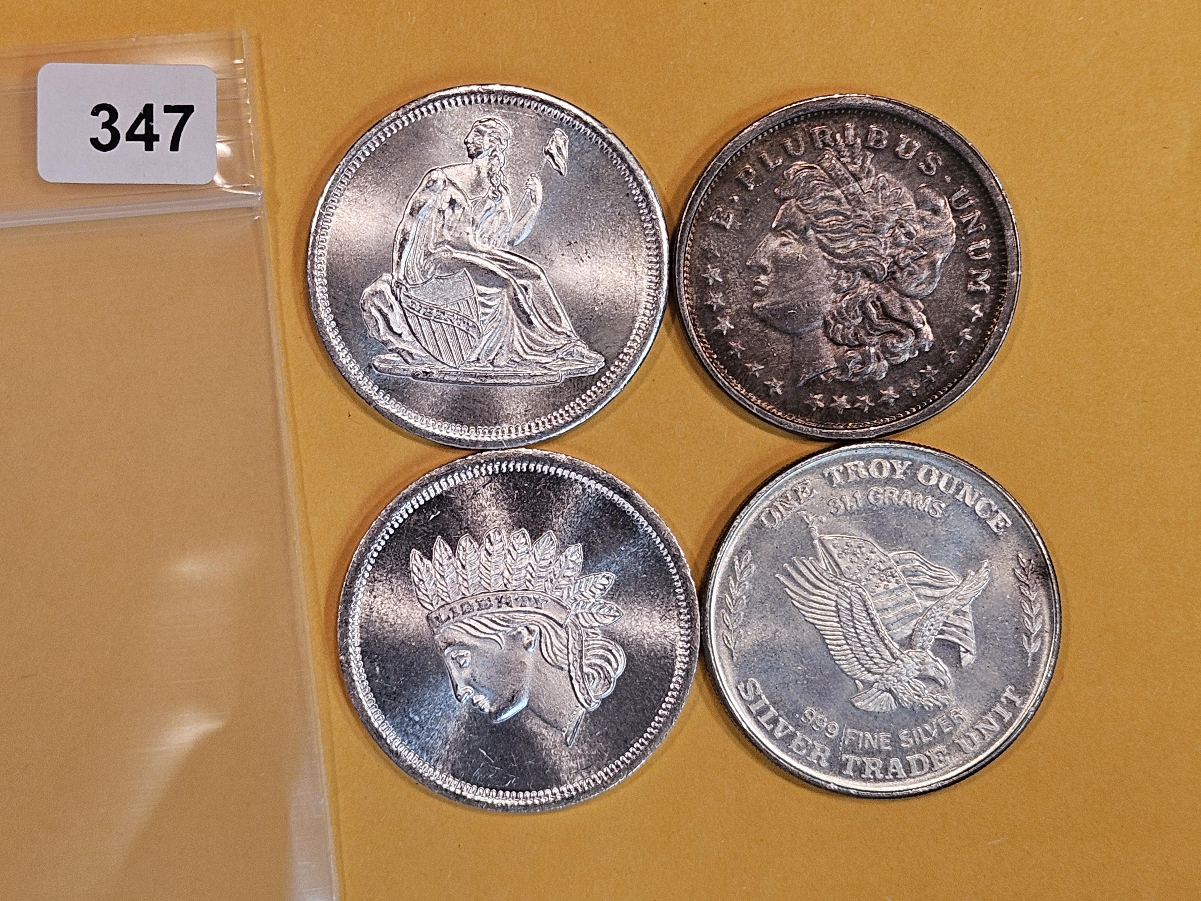 Four 1 Troy ounce .999 fine silver art rounds