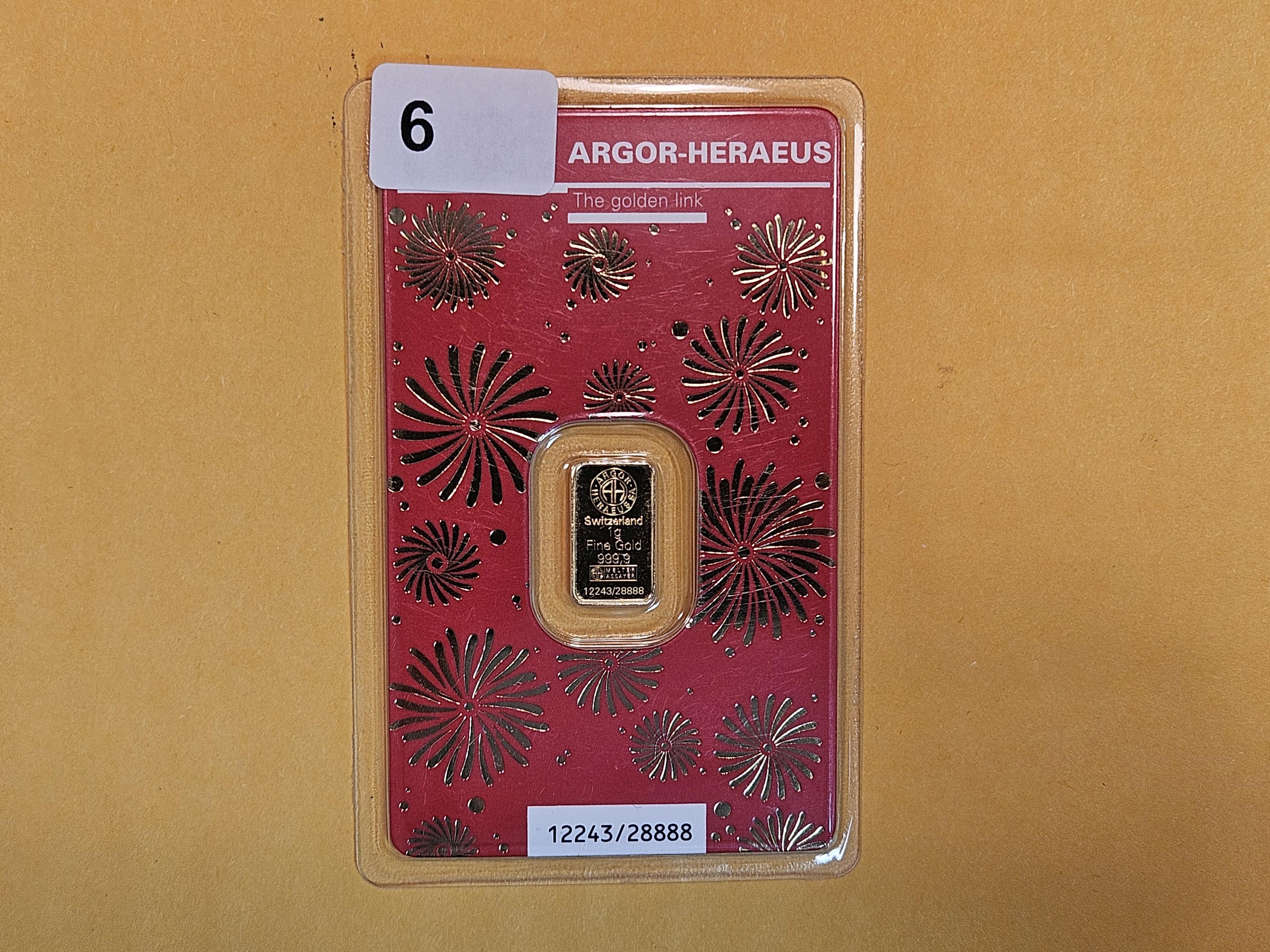 GOLD! Argor-Heraeus One Gram .9999 fine gold bar