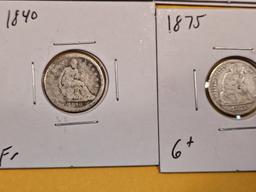 Six silver Seated Liberty Dimes