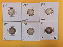 Six silver Seated Liberty Dimes