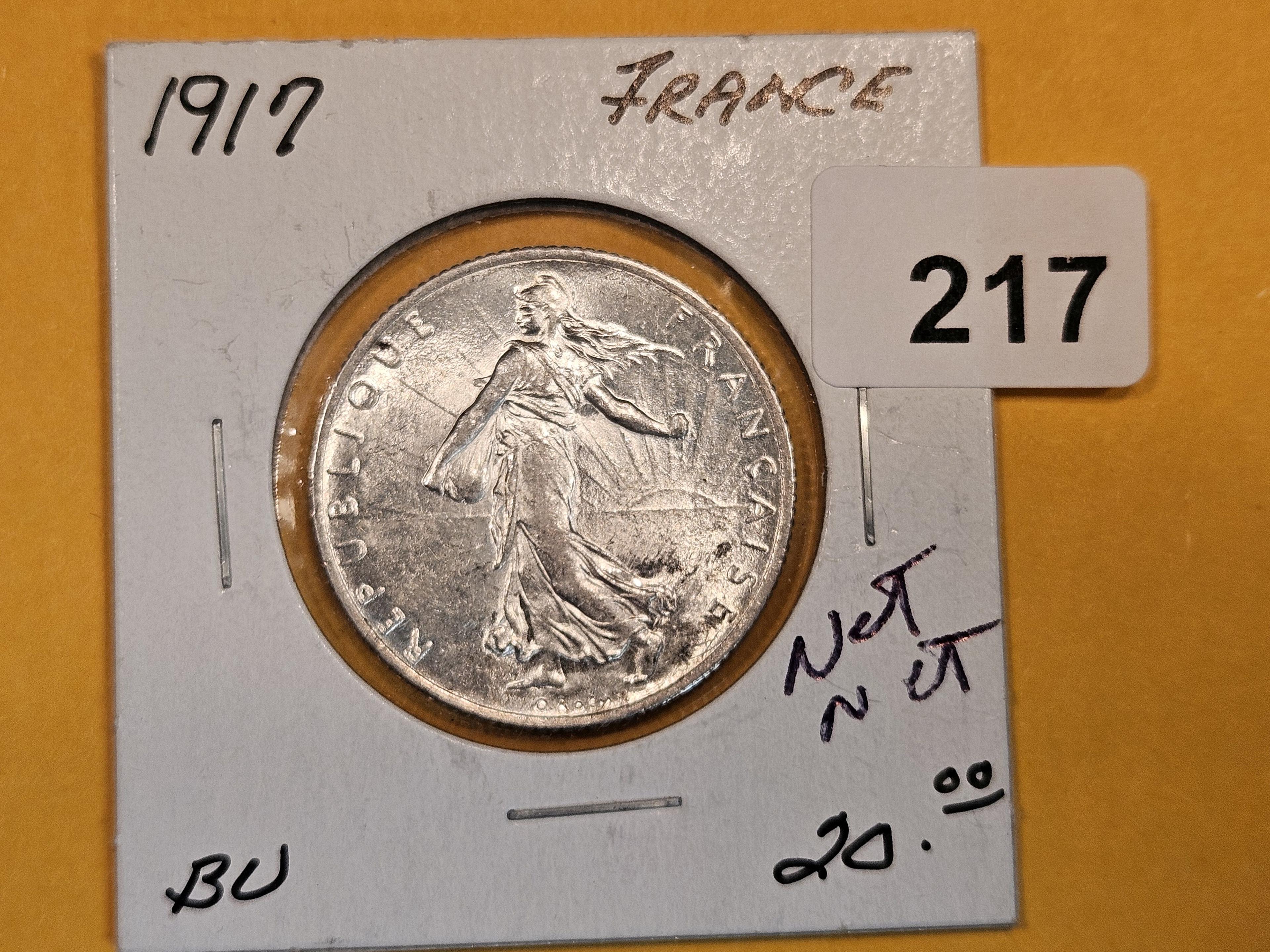 Choice Brilliant Uncirculated 1917 France silver 2 francs