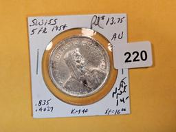 Brilliant 1954 Swizterland silver 5 francs