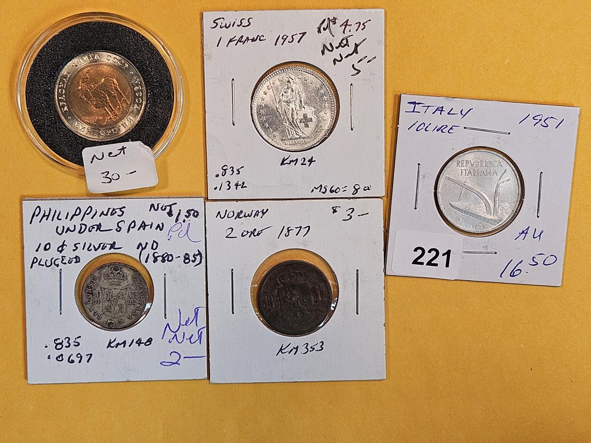 Five mixed World Coins