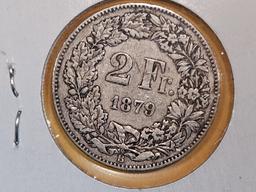 Scarcer date 1879 Switzerland silver 2 francs