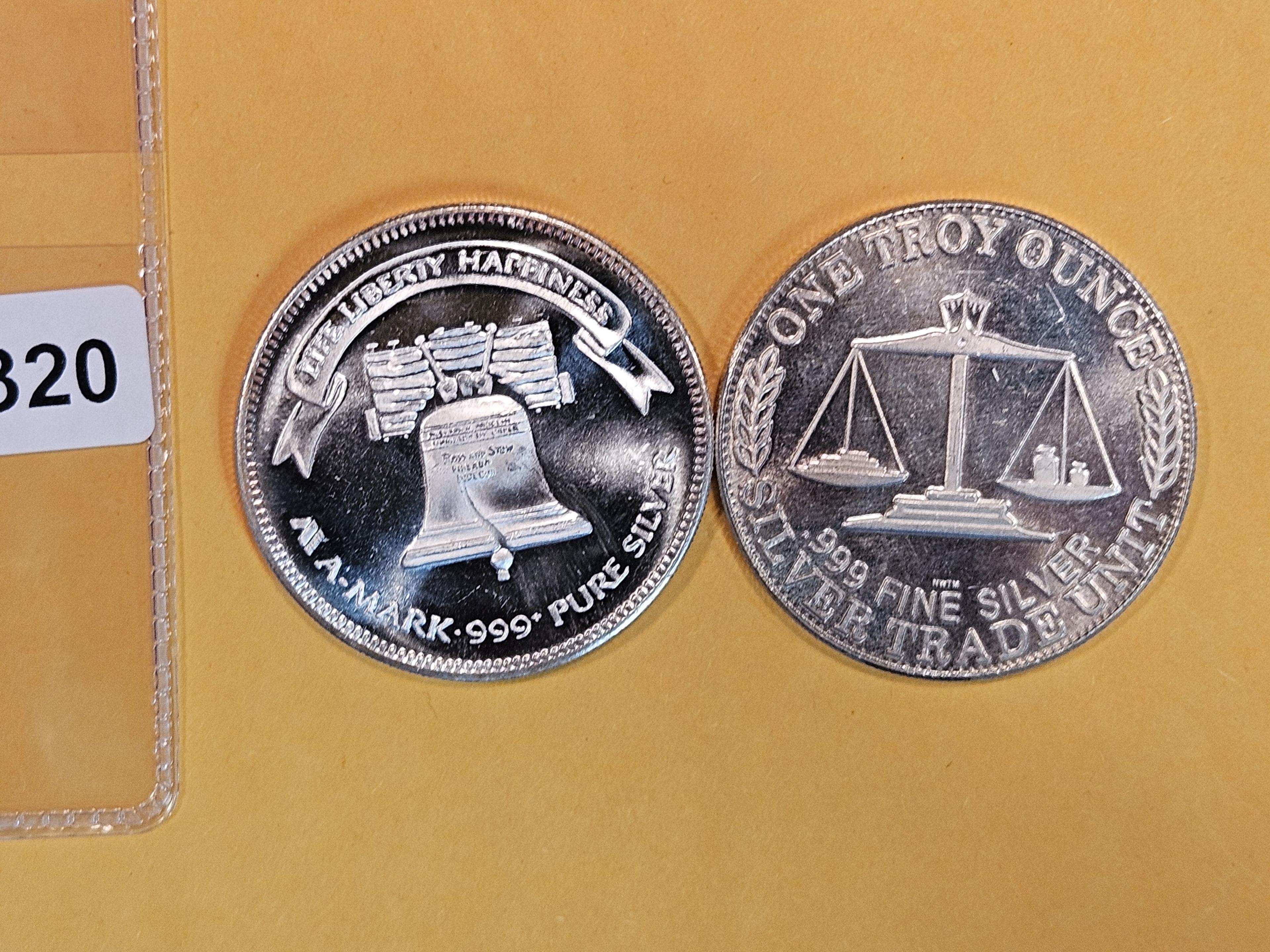 Two 1 Troy Ounce .999 fine silver art rounds