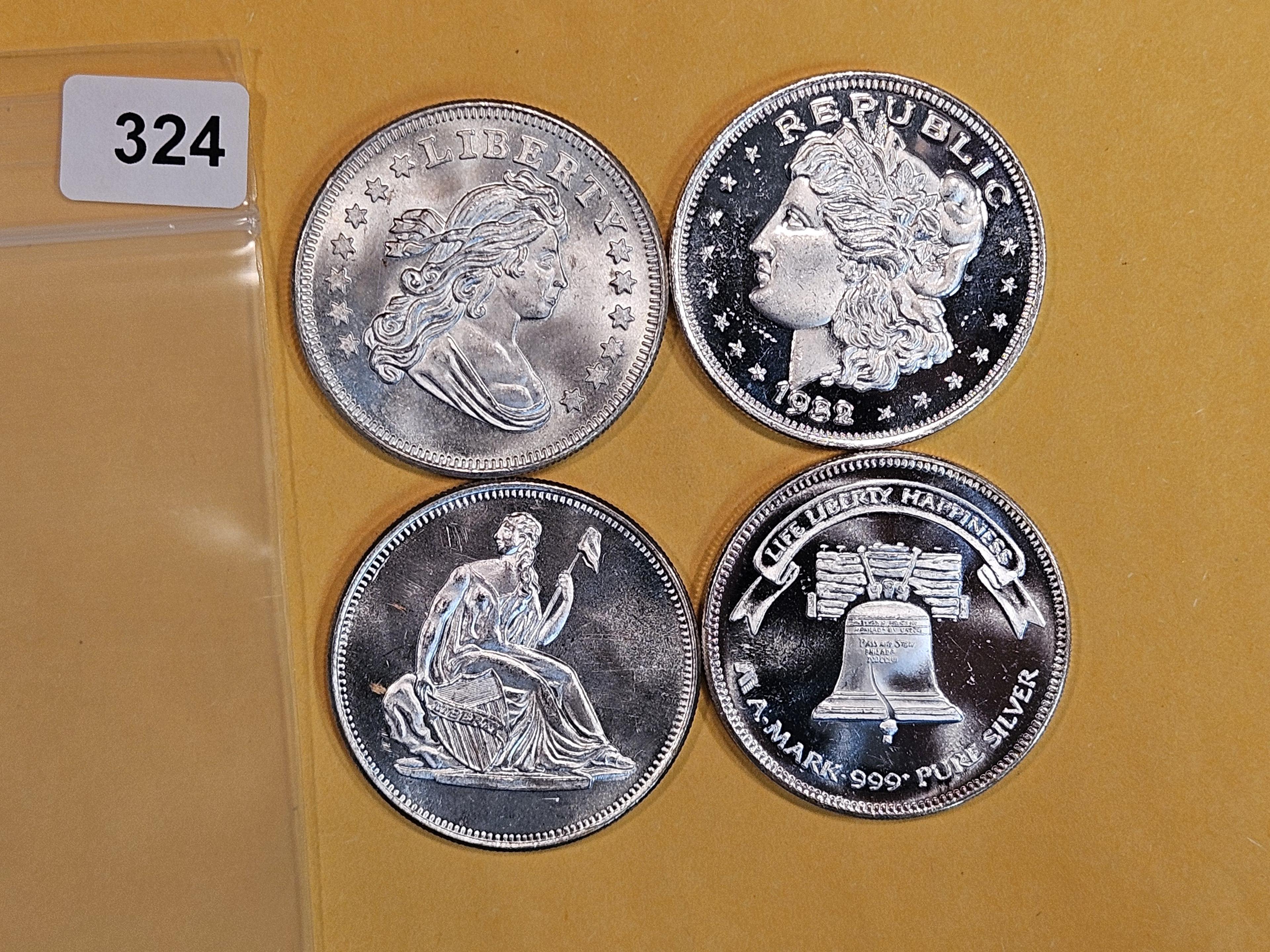 Four 1 Troy Ounce .999 fine silver art rounds