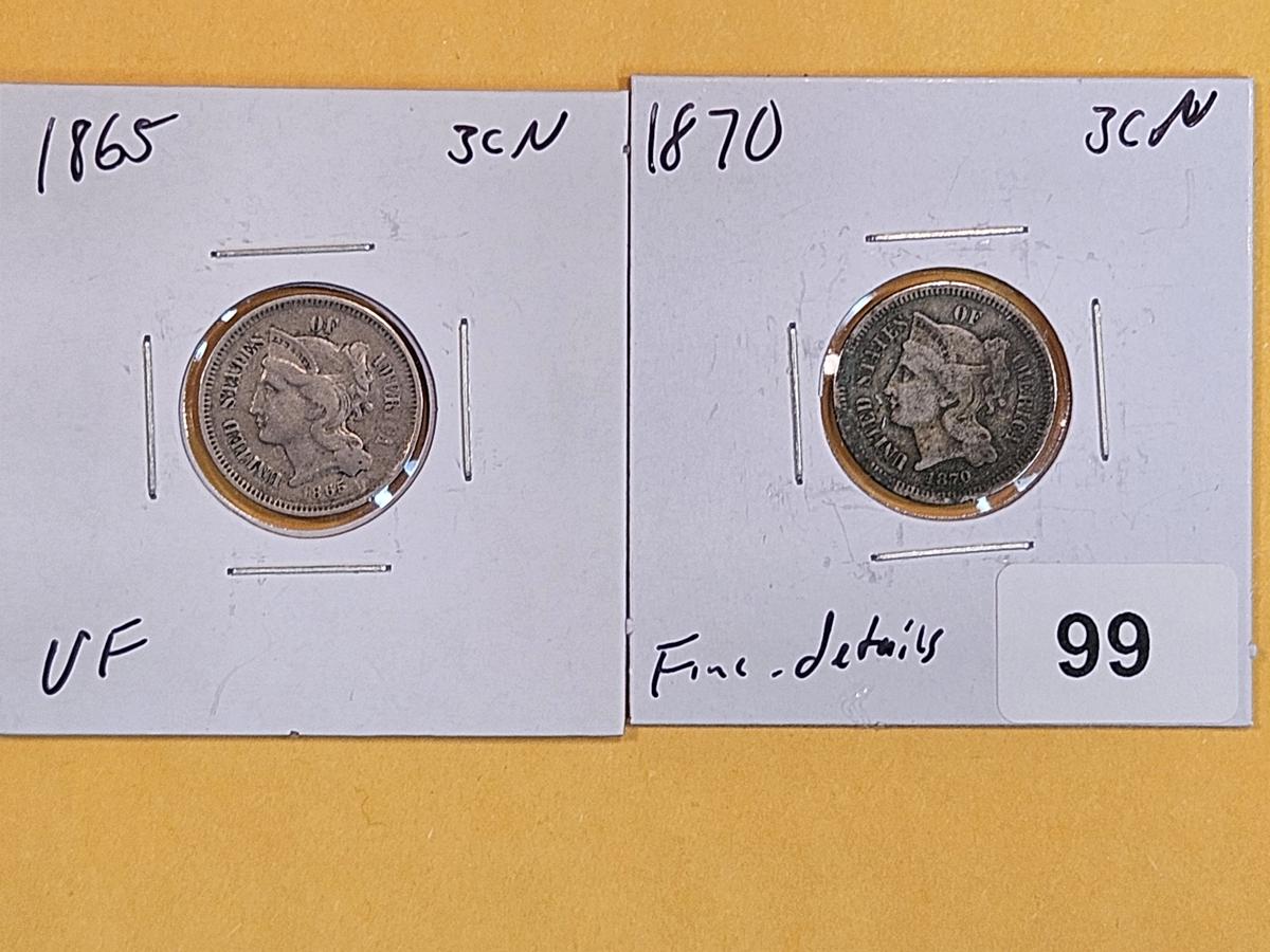 1865 and 1870 Three Cent Nickels