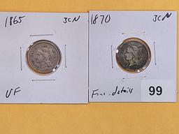 1865 and 1870 Three Cent Nickels