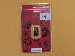 GOLD! Argor-Heraeus One Gram .9999 fine gold bar