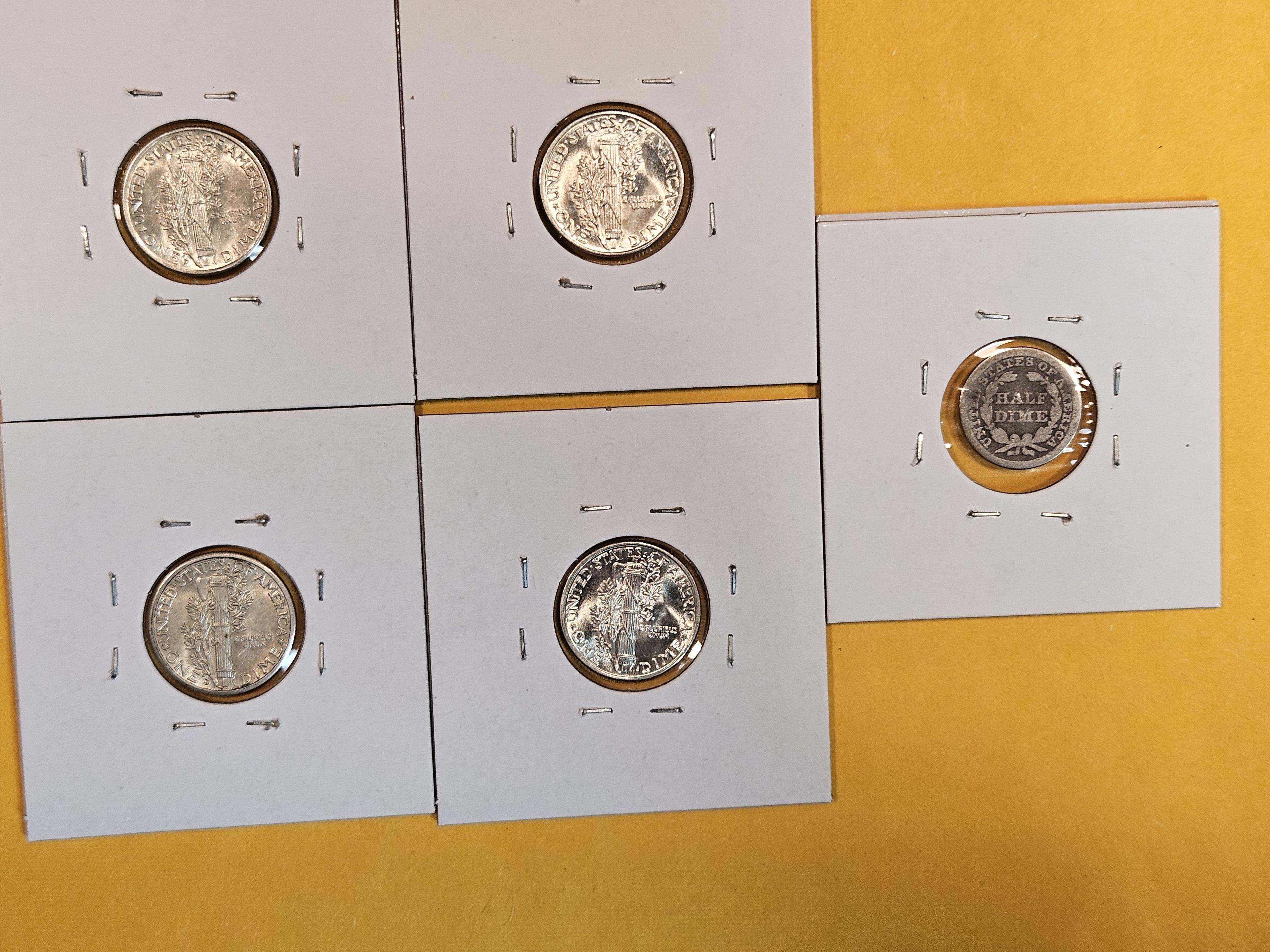 Five silver Dimes and Half-Dime