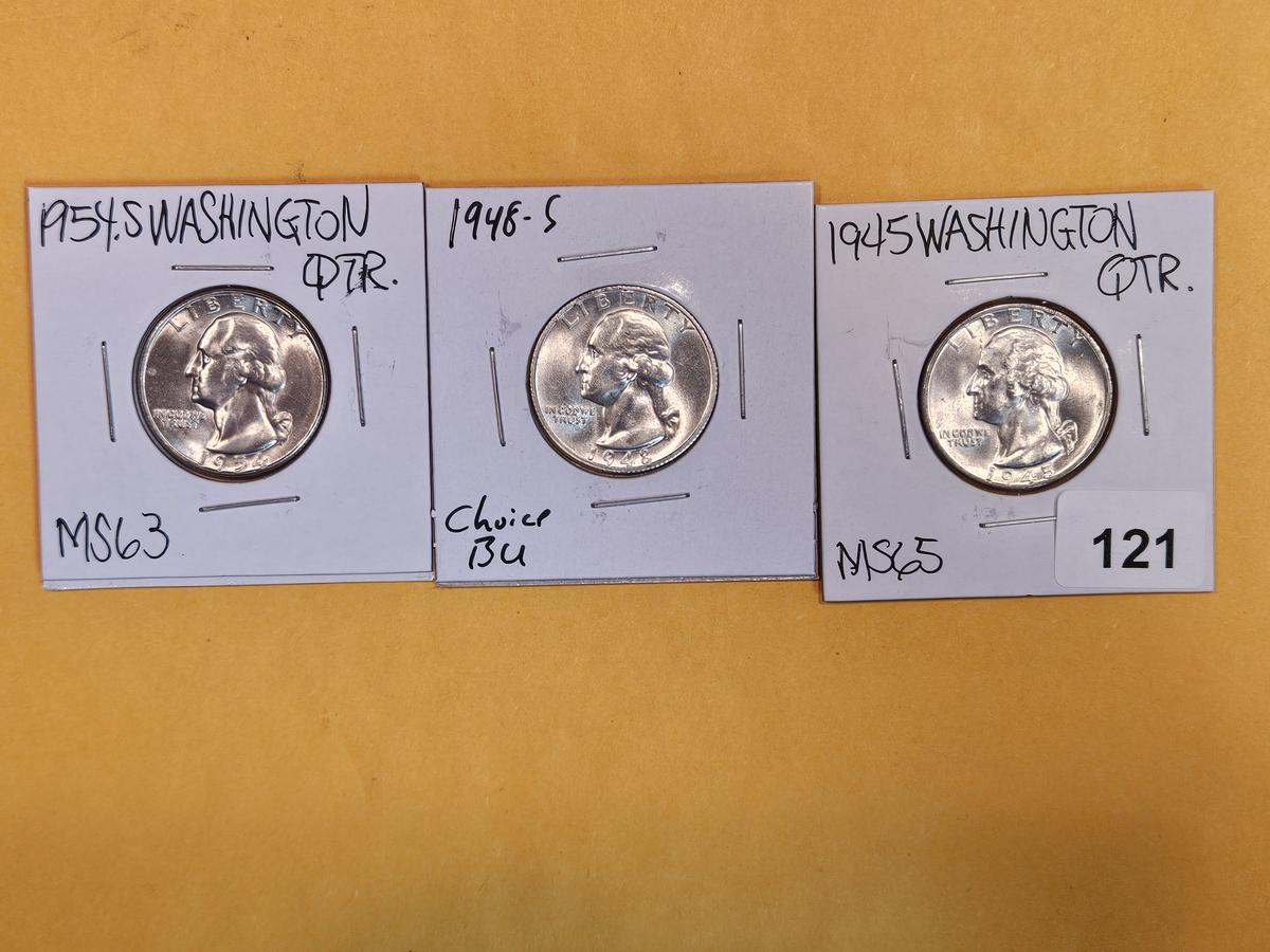 Three Choice to GEM Brilliant Uncirculated silver Washington Quarters