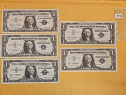 Five crisp One Dollar Silver Certificates
