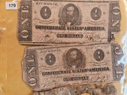 Four old pieces of Confederate currency