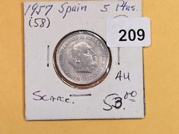 Bright, About Uncirculated 1957 (58) Spain 5 pesetas