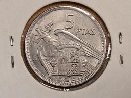 Bright, About Uncirculated 1957 (58) Spain 5 pesetas