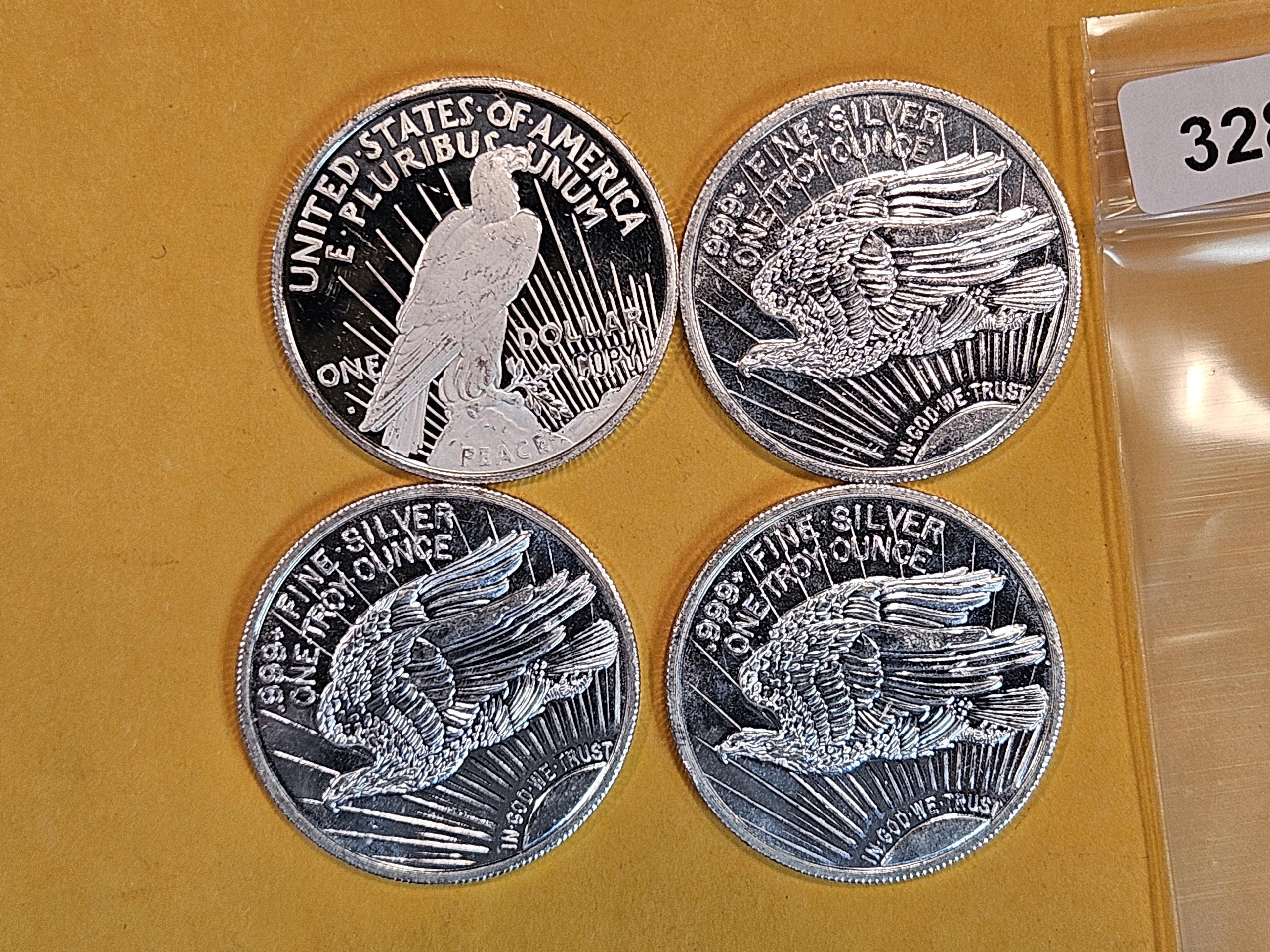 Four 1 Troy ounce .999 fine silver art rounds