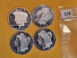 Four 1 Troy ounce .999 fine silver art rounds