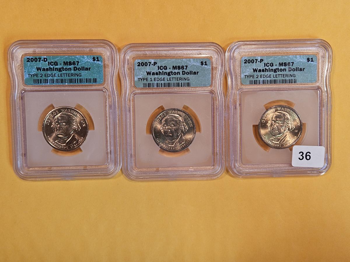 Three ICG-graded 2007 ERROR Washington Presidential Dollars