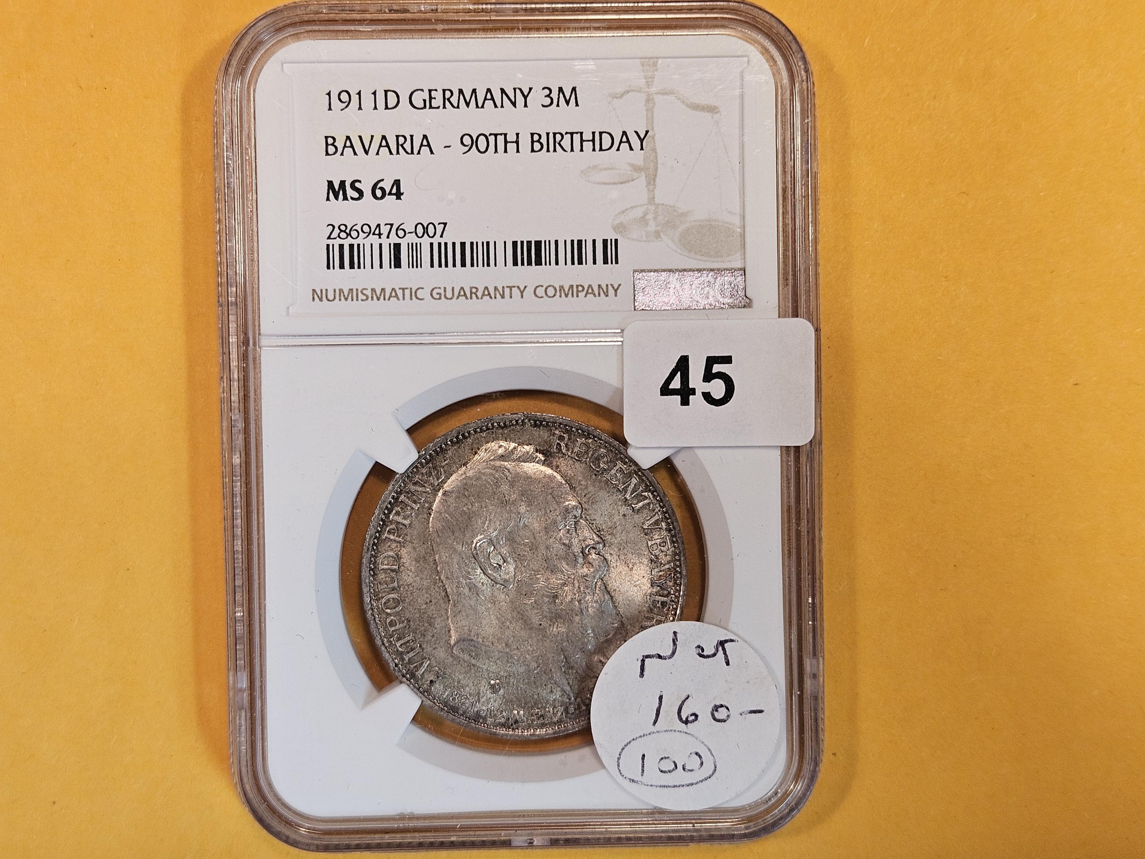 NGC 1911-D German States Bavaria silver 3 Marks in Mint State 64