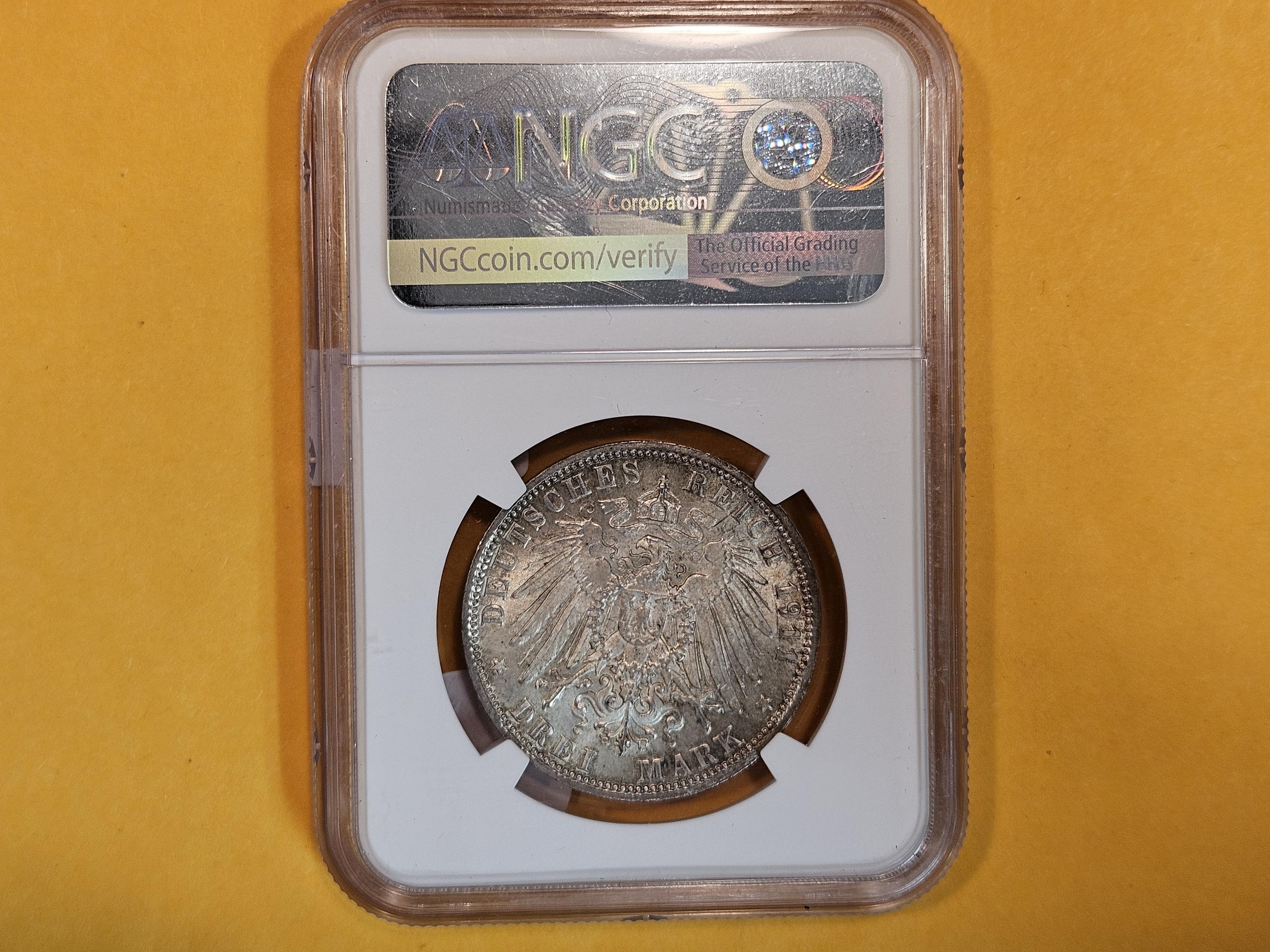 NGC 1911-D German States Bavaria silver 3 Marks in Mint State 64