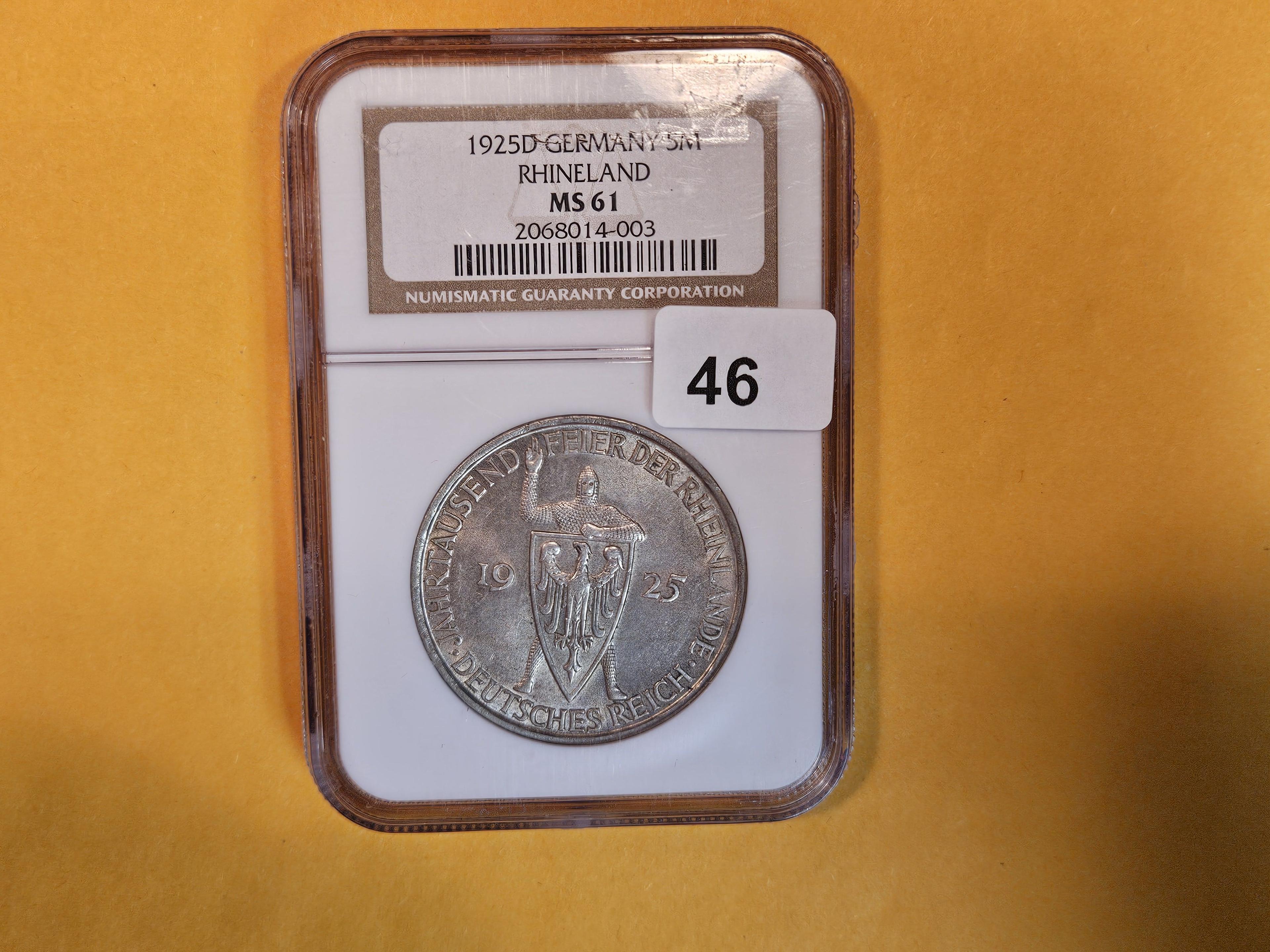NGC 1925-D Germany silver 5 Marks in Mint State 61