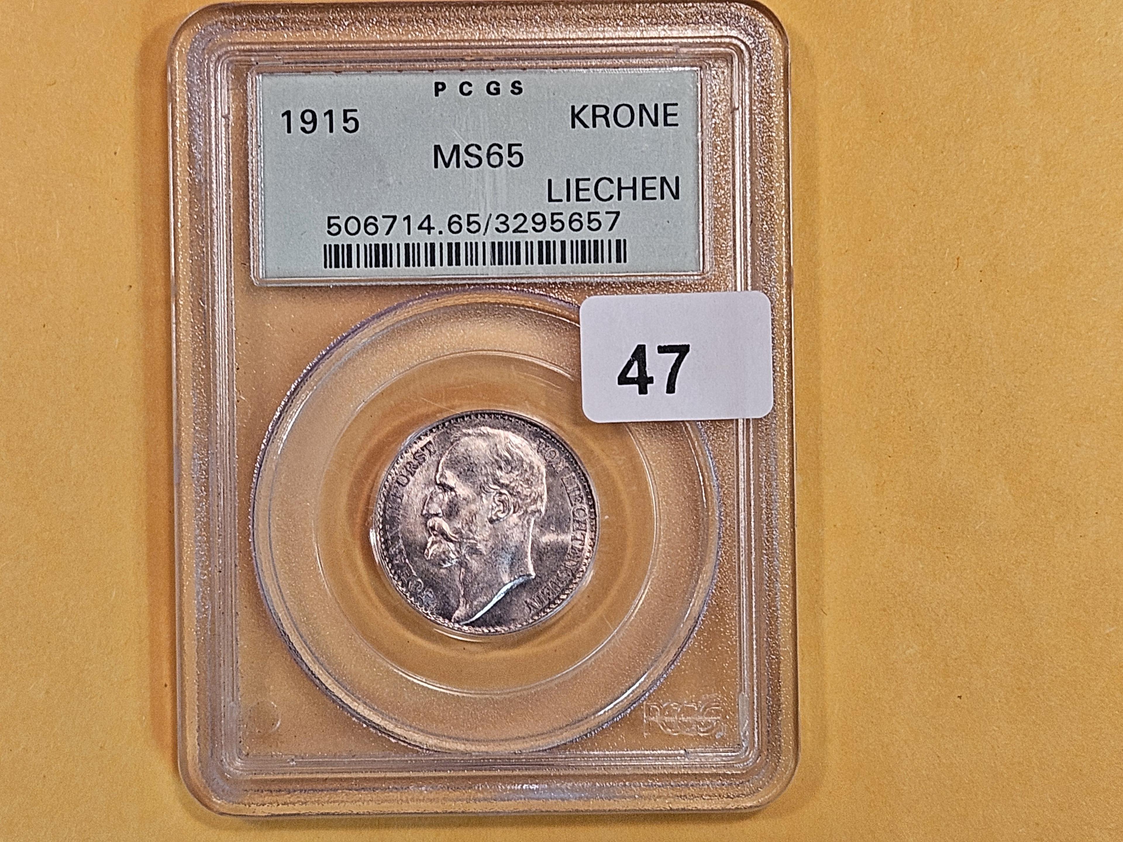 OGH! PCGS 1915 Lichtenstein silver krone in GEM Mint State 65