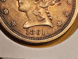 GOLD! KEY VARIETY! 1861/1861 Gold Liberty Head $2.5 Dollars in About Uncirculated