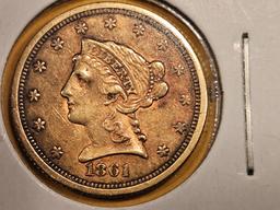 GOLD! KEY VARIETY! 1861/1861 Gold Liberty Head $2.5 Dollars in About Uncirculated