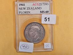 ACCUGRADE 1941 New Zealand florin in Mint State 60