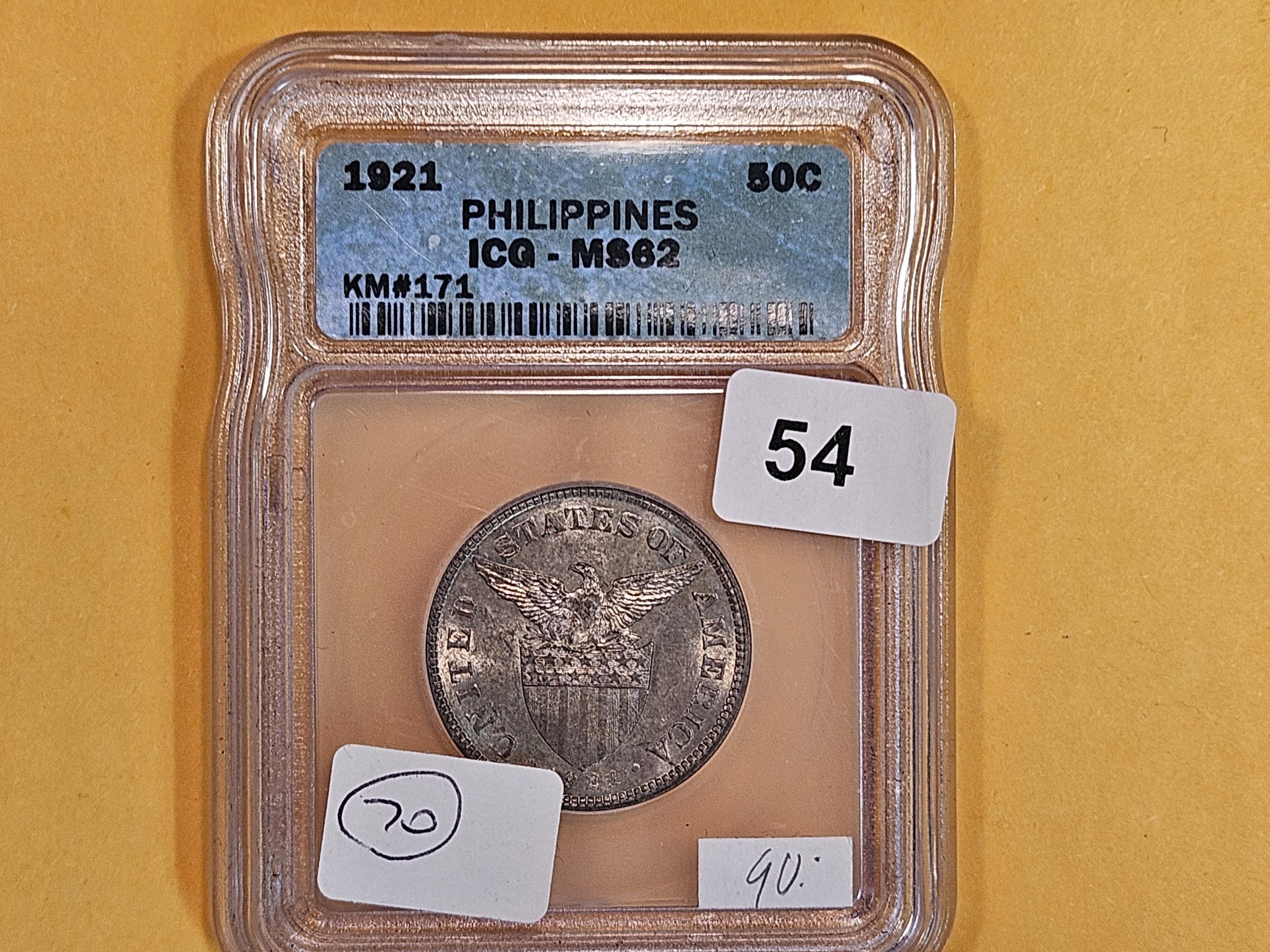 ICG 1921 Philippines 50 centavos in Mint State 62