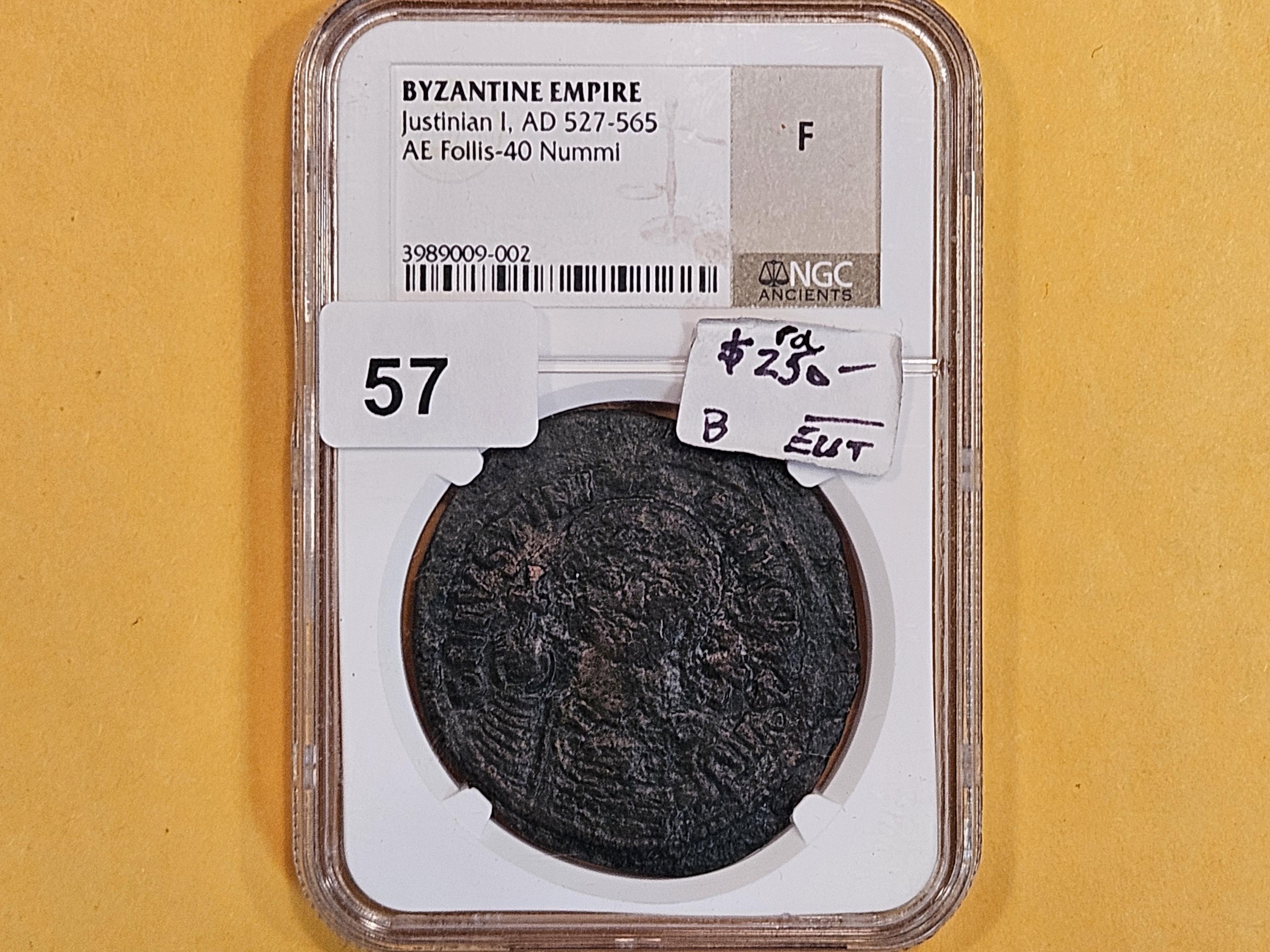 ANCIENT! NGC Justinian I, AD 527-565 BYZANTINE EMPIRE AE Follis-40 Nummi