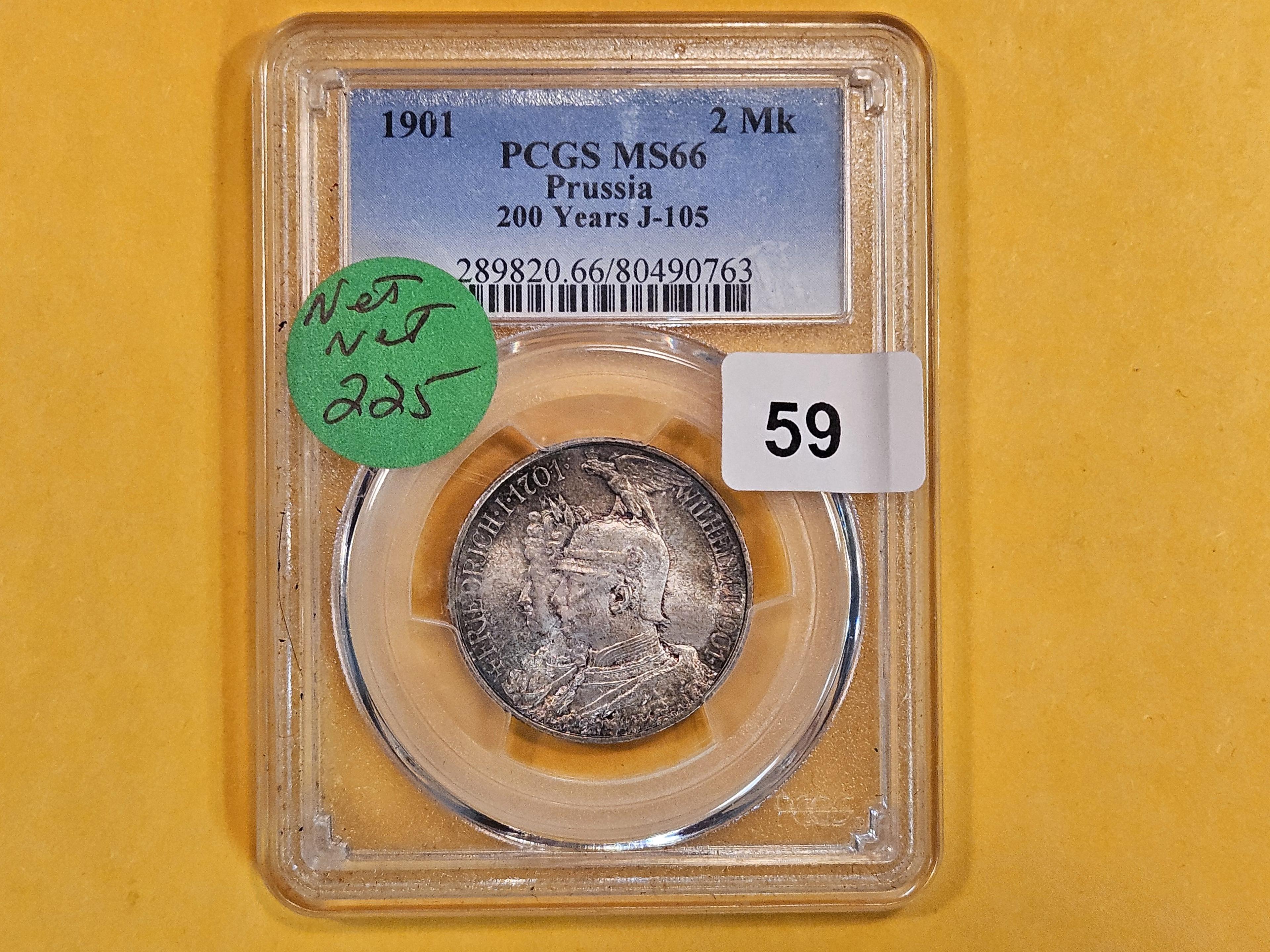 GEM! PCGS 1901 German States Prussia silver 2 marks in Mint State 66