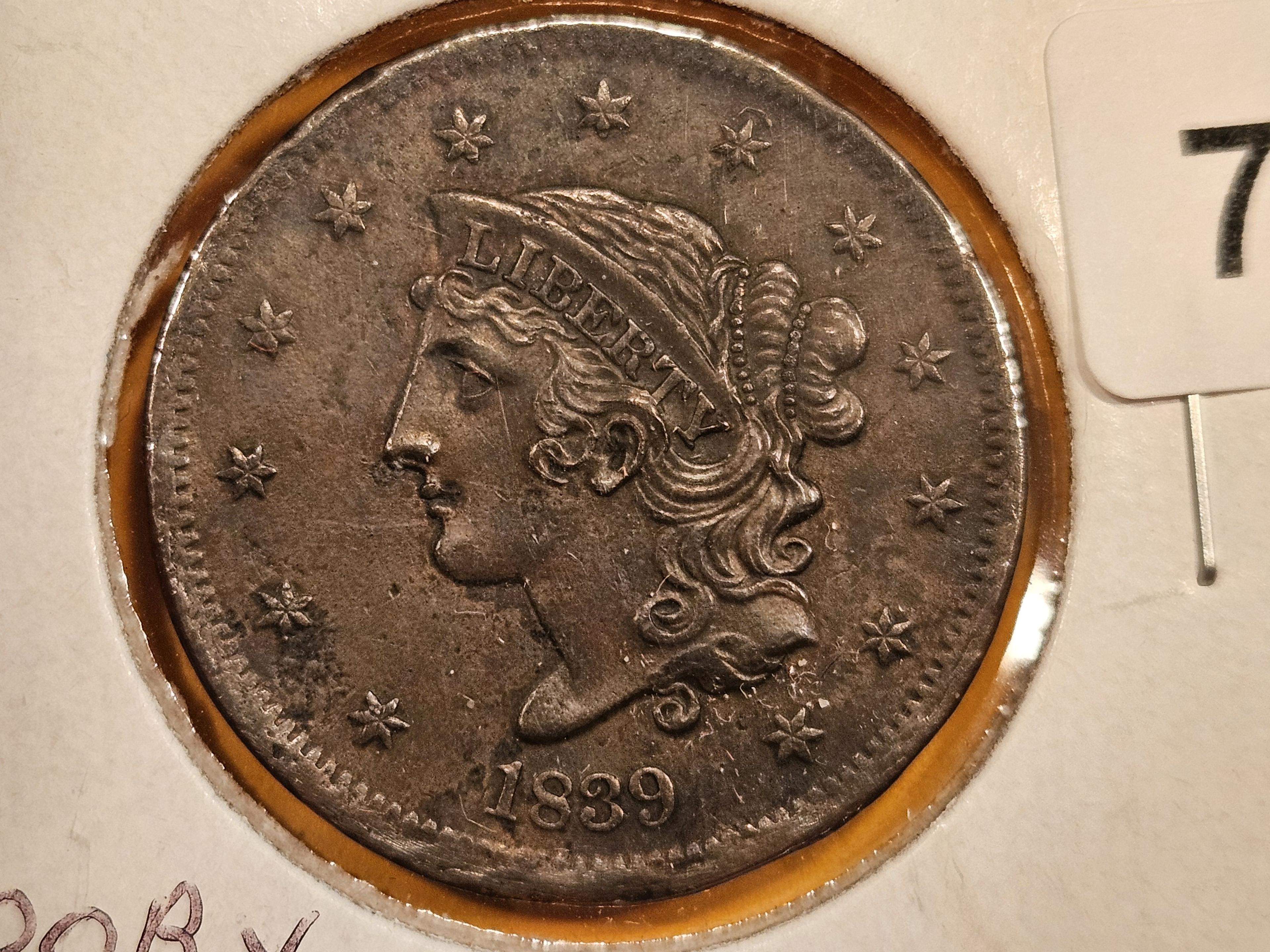 ** 1839 Booby Head Large Cent in AU-UNC