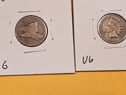 Six early Indian and Flying Eagle Cents