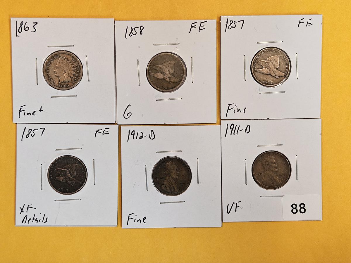 Six mixed Small cents in Good through Extra Fine - Details