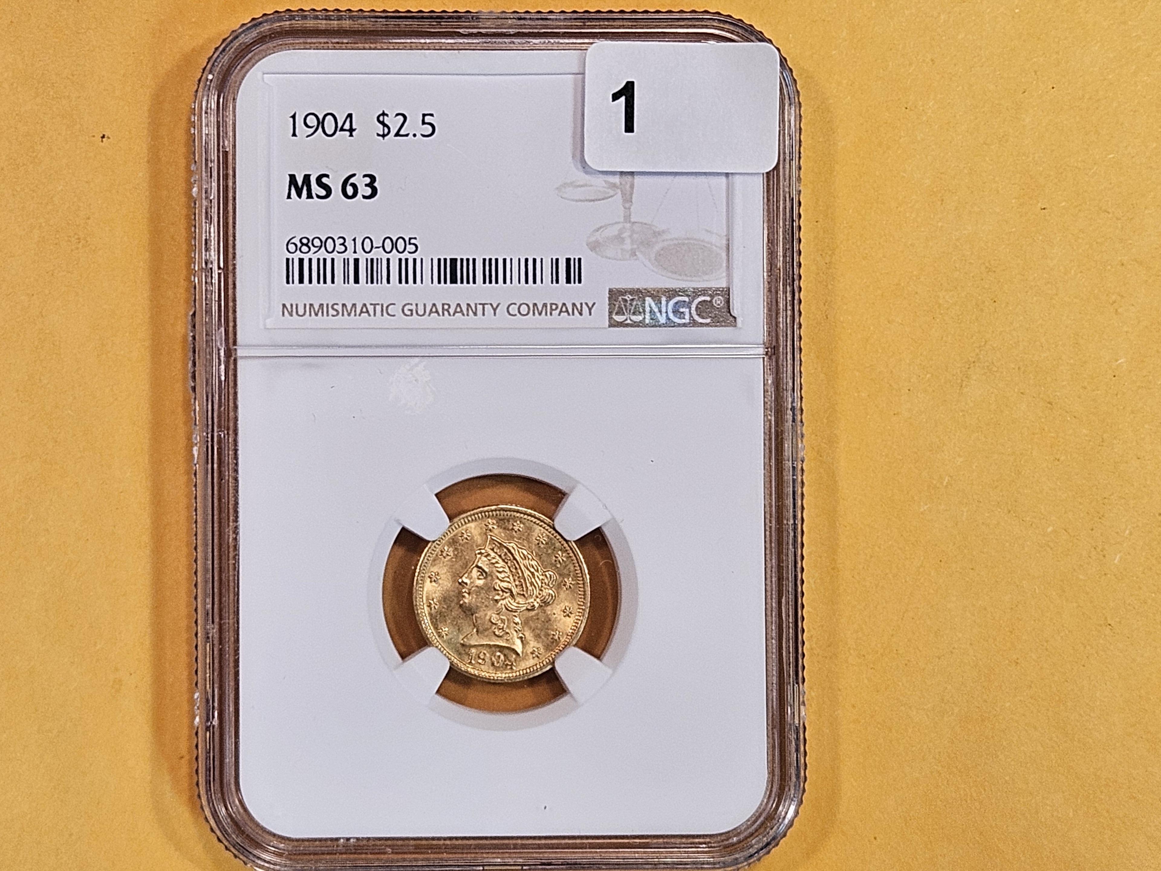 GOLD! NGC 1904 Liberty Head Gold Quarter Eagle $2.5 in Mint State 63