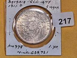 Brilliant Uncirculated 1911-D German States Bavaria silver 3 marks