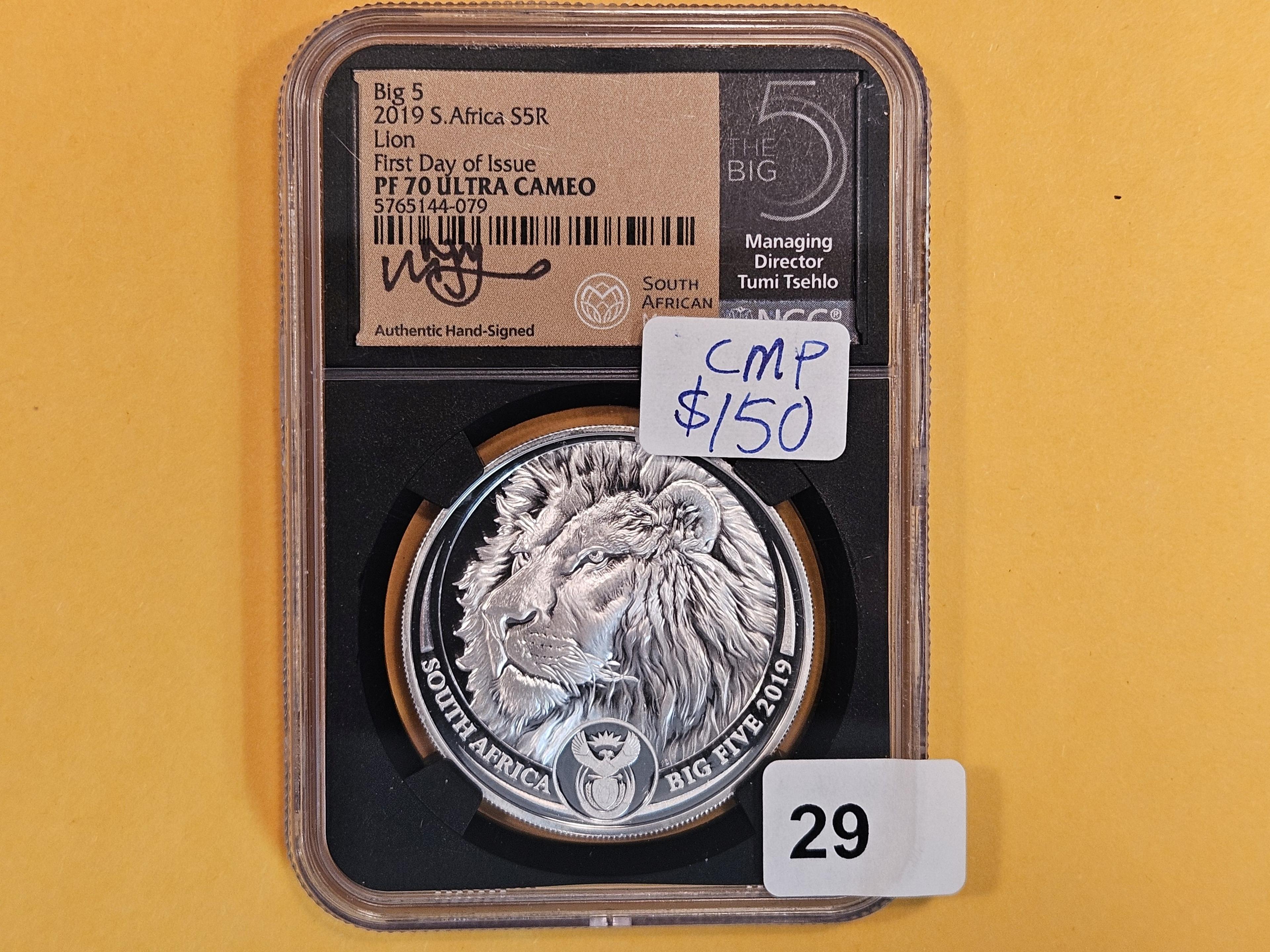 PERFECT! NGC 2019 South Africa Silver 5 Rand in Proof 70 Ultra Cameo