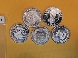 Five 1 Troy ounce .999 fine Silver Art Rounds