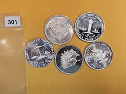 Five 1 Troy ounce .999 fine Silver Art Rounds