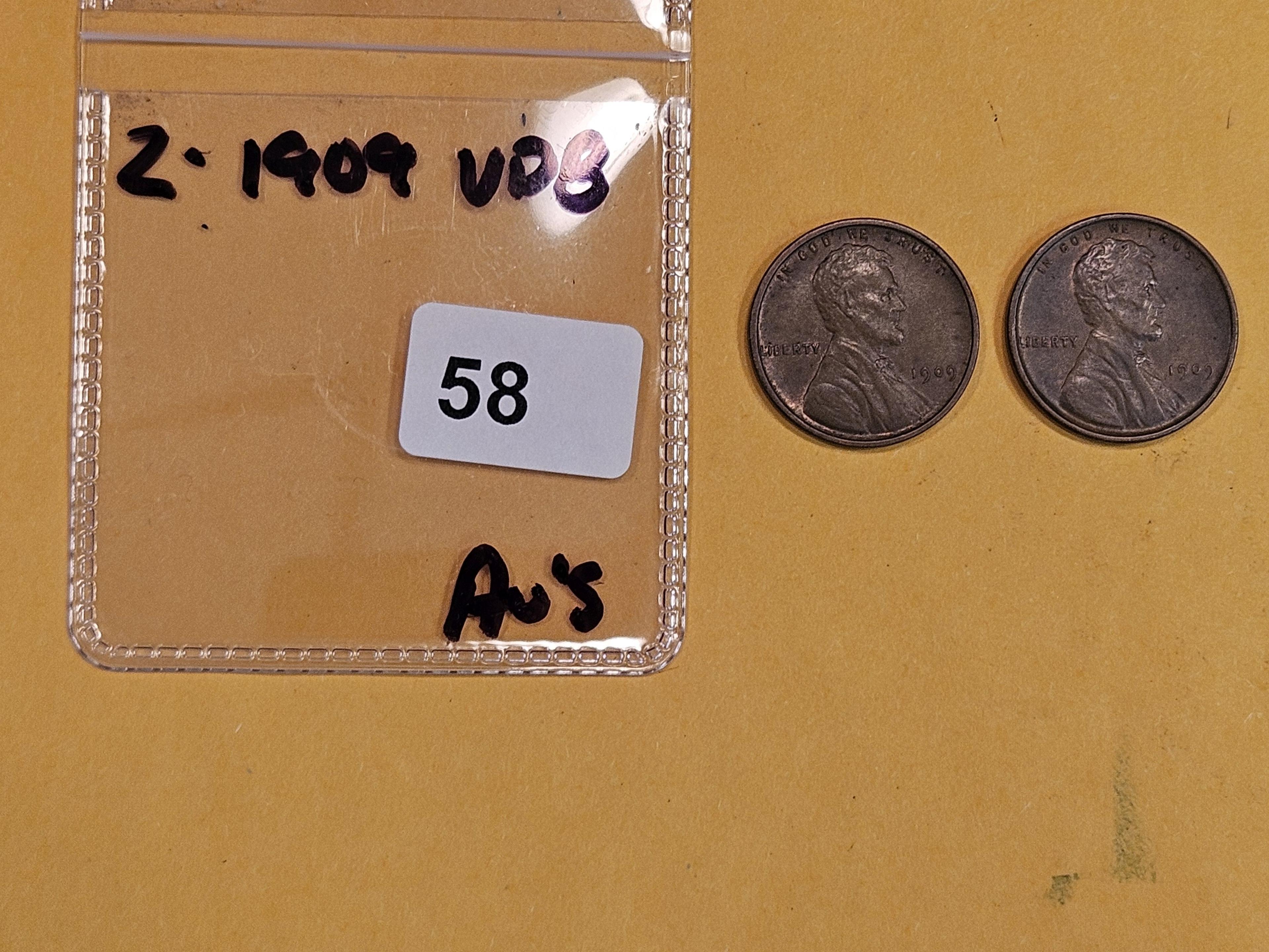 Two 1909-VDB Wheat cents in About Uncirculated