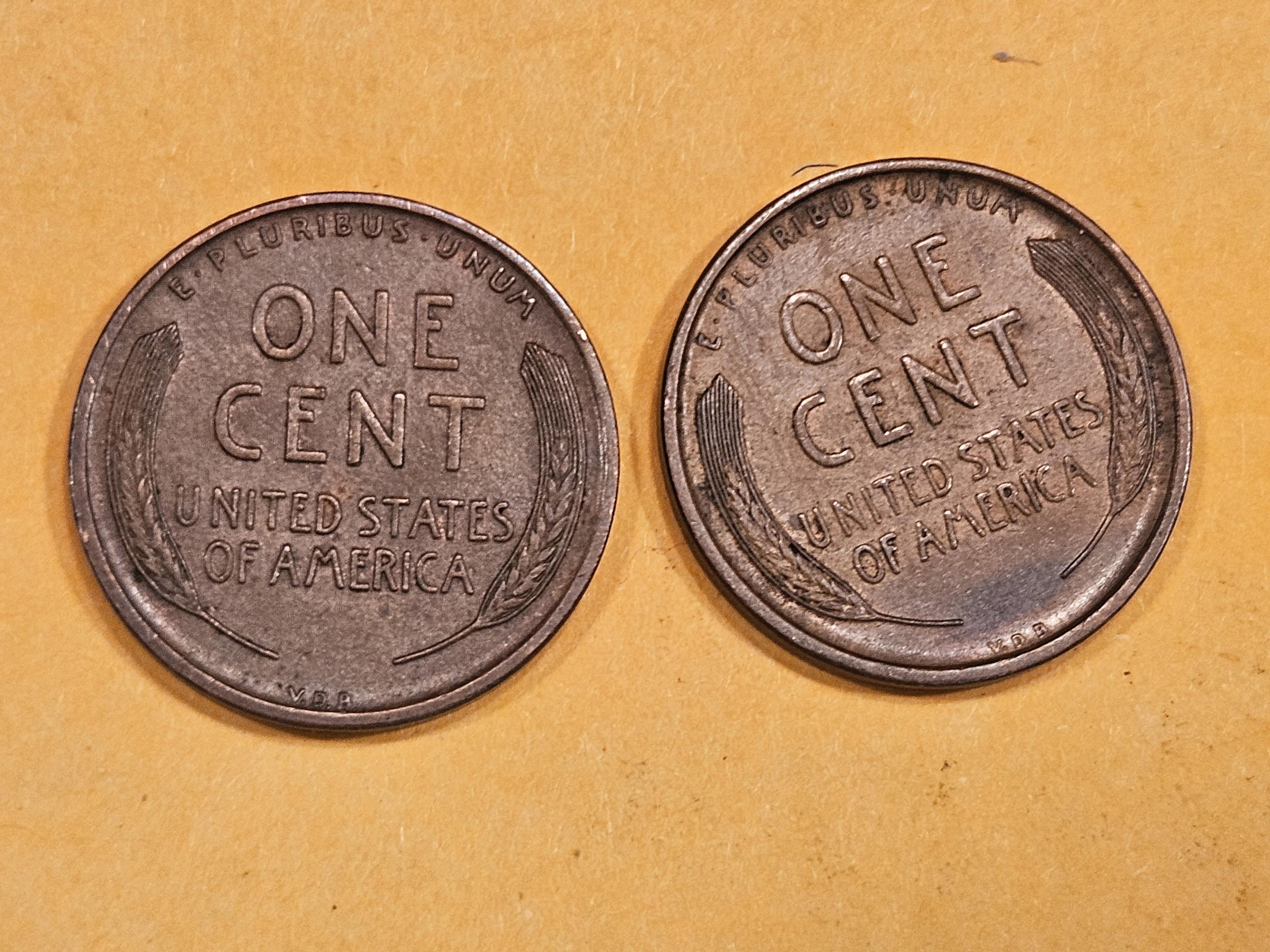 Two 1909-VDB Wheat cents in About Uncirculated