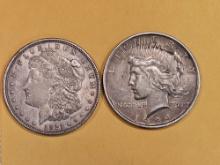 1921 Morgan and 1924 Peace silver dollars