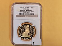 GOLD! PERFECT GRADE! NGC 2014 Great Britain Gold 100 Pounds in Proof 70 Ultra Cameo