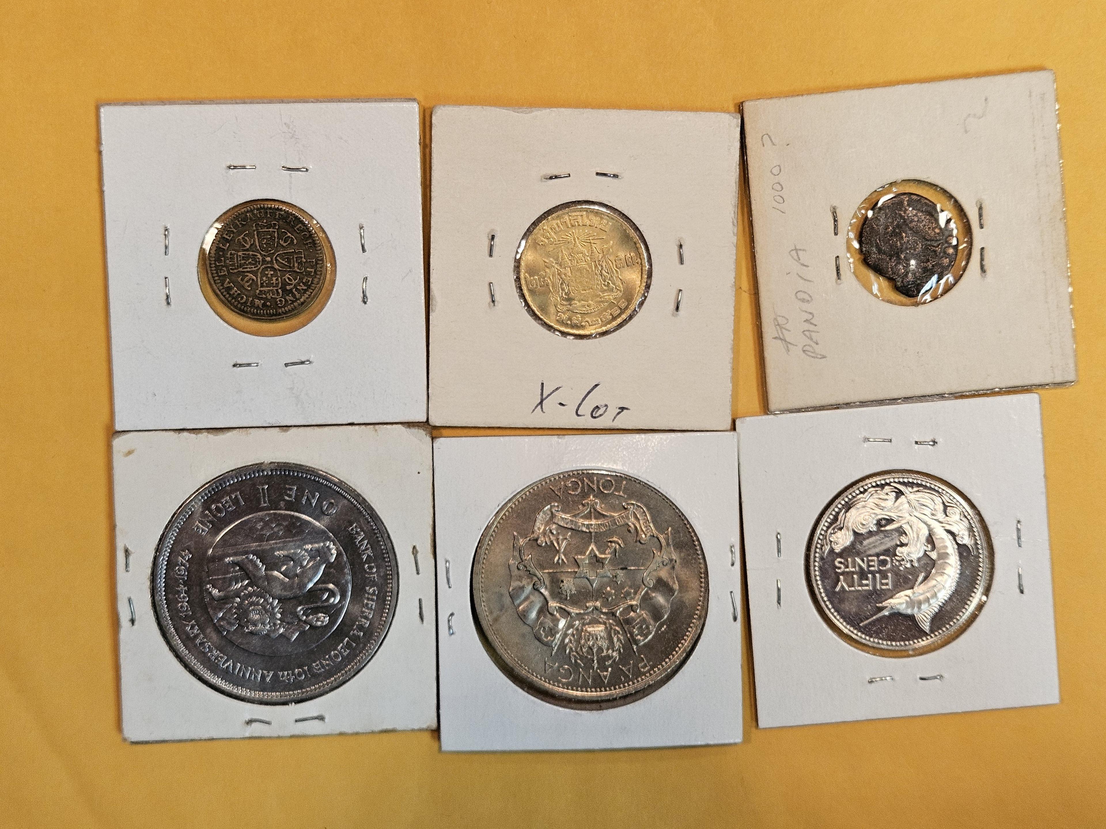 Six fun, mixed, World Coins