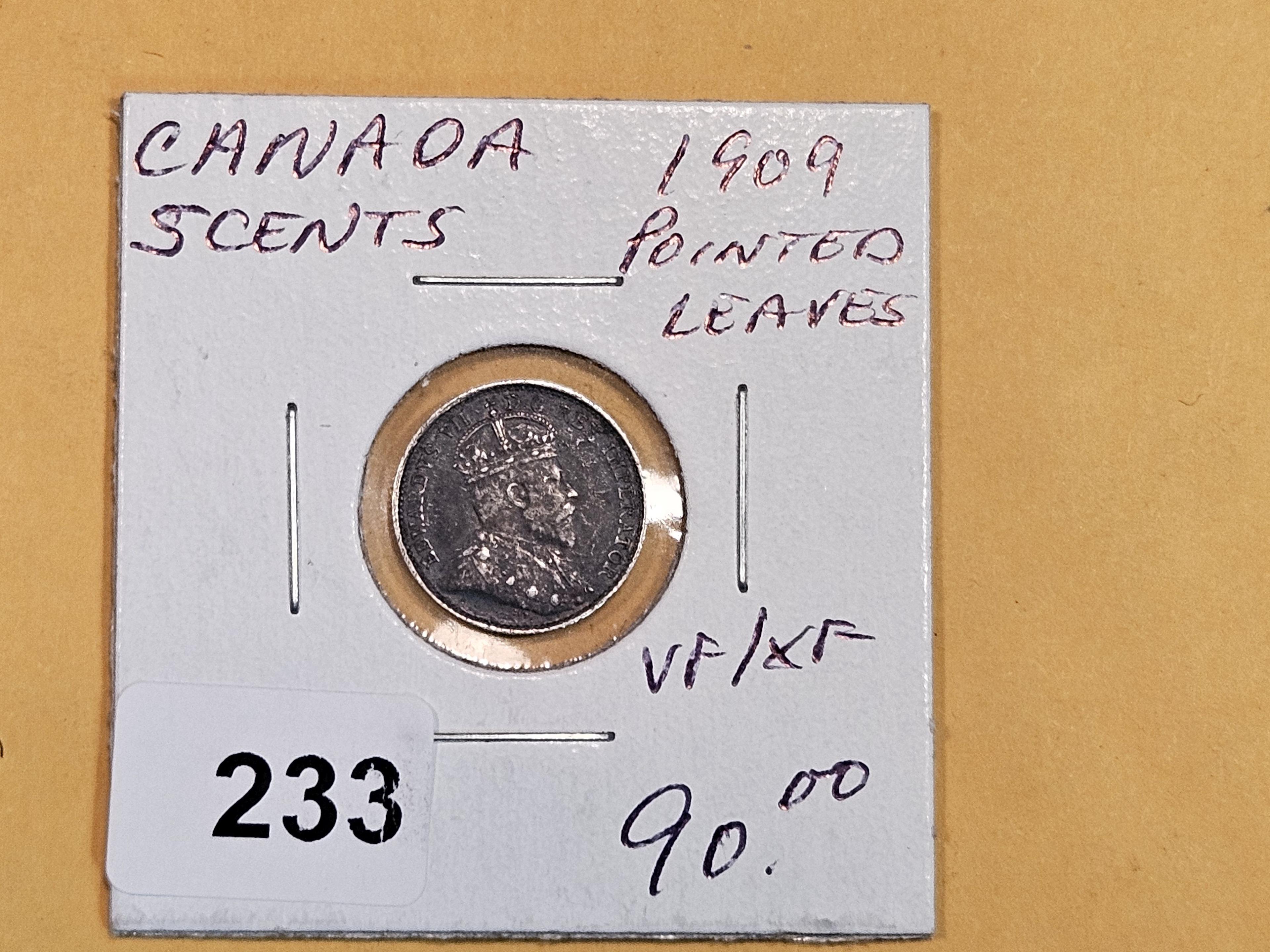 Key Variety! 1909 Canada silver 5 cents Pointed Leaves