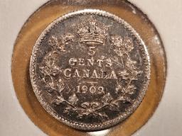 Key Variety! 1909 Canada silver 5 cents Pointed Leaves
