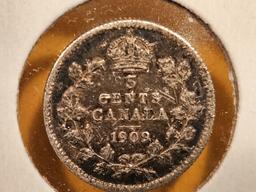 Key Variety! 1909 Canada silver 5 cents Pointed Leaves