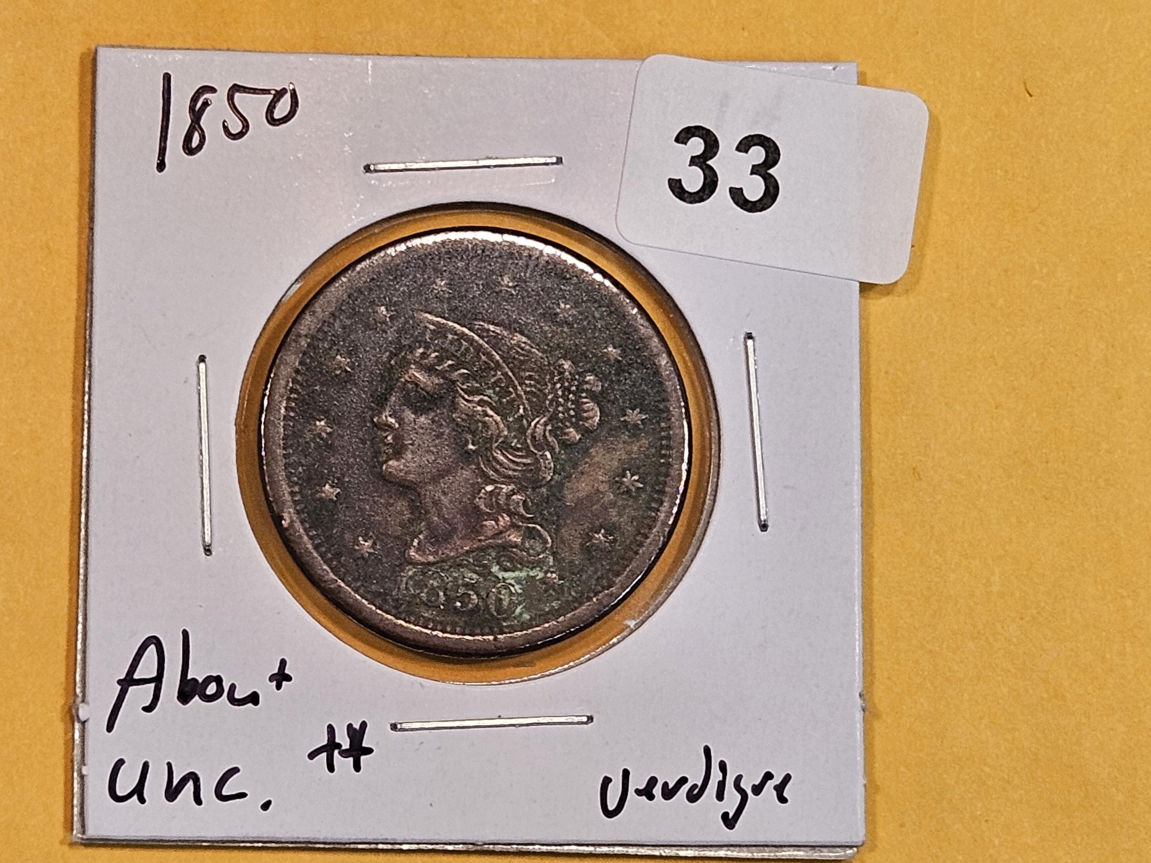 1850 Braided hair Large Cent in About Uncirculated ++ - details