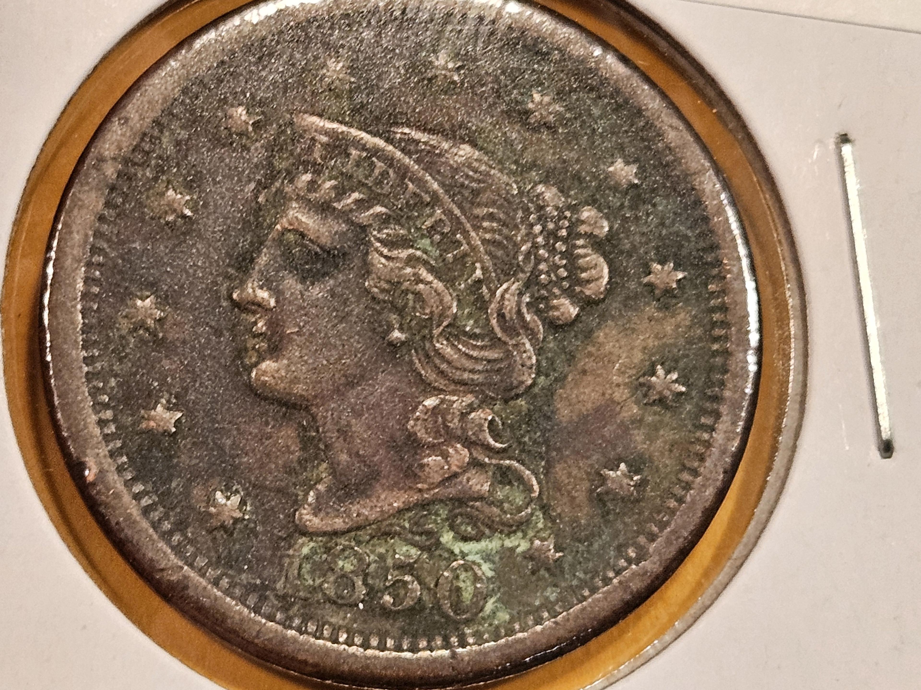 1850 Braided hair Large Cent in About Uncirculated ++ - details